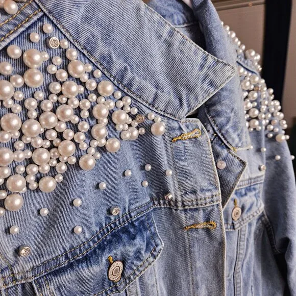 Medium Wash Pearl and Diamond Embellished Denim Jacket - Picture 2 of 6